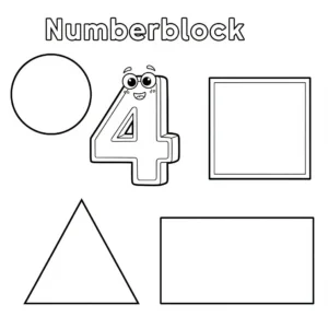 coloriage Le Numberblock 4 et quatre formes a imprimer pour enfant de 4 ans