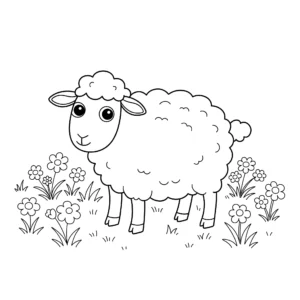 coloriage Un mouton dans un pré fleuri pour enfants