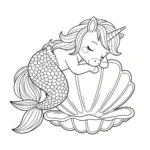 coloriage Bébé Sirène Licorne dormant sur un coquillage et decoupage