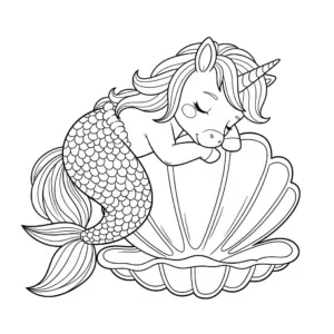 coloriage Bébé Sirène Licorne dormant sur un coquillage et decoupage
