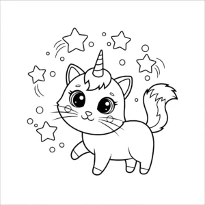 coloriage Chat Licorne Jouant avec des Étoiles à imprimer pour enfant de 4 ans