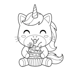 coloriage Chat Licorne Mangeant un Cupcake Magique et dessin a imprimer