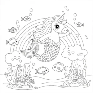 coloriage Sirène Licorne et un arc en ciel sous marin à imprimer pour enfant de 2 ans