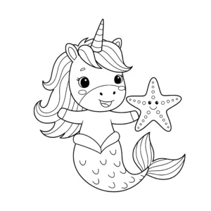coloriage Sirène Licorne jouant avec une étoile de mer pour enfants à imprimer