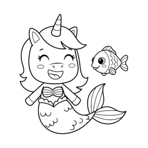 coloriage Sirène Licorne souriante et son poisson ami pour enfant de 3 ans