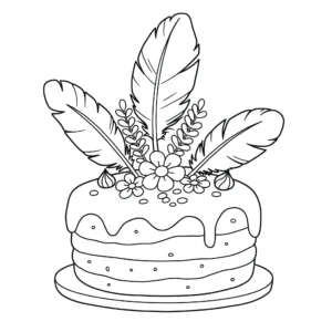 coloriage Un gâteau avec des plumes et des fleurs a dessiner en ligne