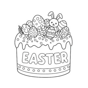 coloriage Un gâteau avec le mot PÂQUES pour enfant de 4 ans