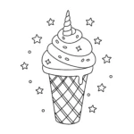 coloriage Une glace licorne avec une seule corne et des étoiles a imprimer pour enfant de 4 ans