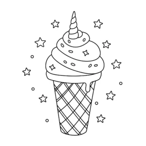 coloriage Une glace licorne avec une seule corne et des étoiles a imprimer pour enfant de 4 ans