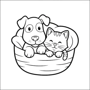 coloriage Chien et Chat dans un Panier:Lit et decoupage a imprimer gratuit