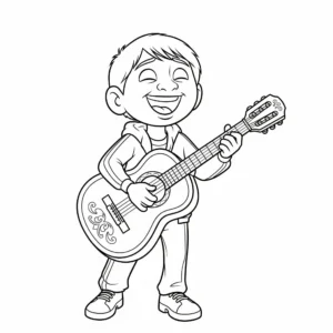 coloriage Miguel chantant avec sa guitare pour enfants