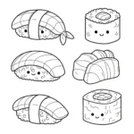 coloriage Un ensemble de sushis variés et decoupage