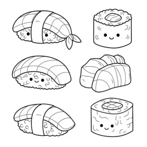 coloriage Un ensemble de sushis variés et decoupage