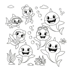coloriage Bébé requin joue avec des amis à imprimer pour enfant de 8 ans