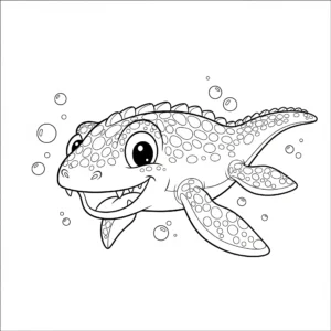 coloriage Un Mosasaure avec des bulles autour de lui, dans un style de dessin animé a telecharger