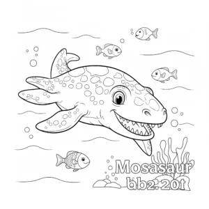coloriage Un Mosasaure nageant dans l’océan avec quelques poissons à imprimer