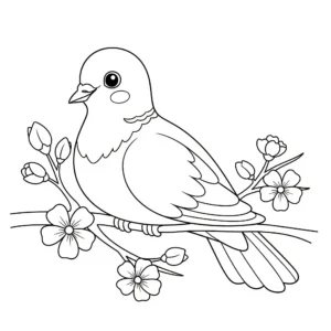 coloriage Colombe Assise sur une Branche Fleurie et decoupage