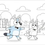 coloriage Bluey et Bingo jouent au parc pour enfant de 6 ans