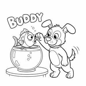 coloriage Buddy le chiot espiègle et son ami le poisson pour enfants a imprimer