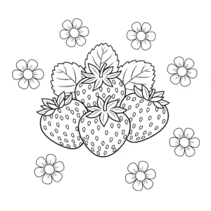 image de coloriage Des fraises et des fleurs pour enfant