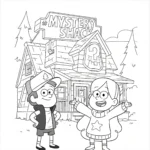 coloriage Dipper et Mabel devant la Cabane des Mystères a dessiner en ligne