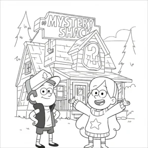 coloriage Dipper et Mabel devant la Cabane des Mystères a dessiner en ligne