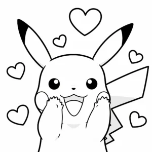imprimer coloriage Pikachu souriant avec des cœurs gratuit