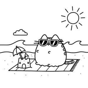 coloriage Pusheen à la plage pour enfant