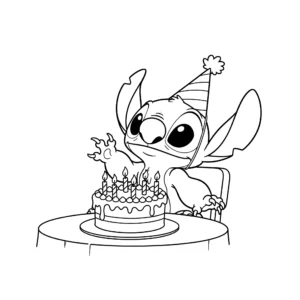 coloriage Stitch avec un gâteau d’anniversaire a colorier en ligne gratuitement