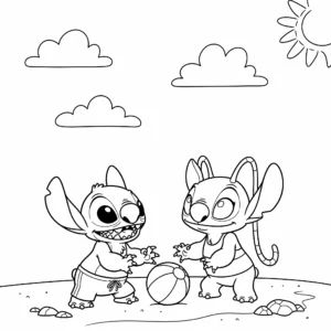 coloriage Stitch et Angel jouant au ballon sur la plage à imprimer pour enfant de 12 ans