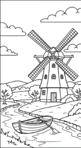 coloriage Moulins à Vent et decoupage